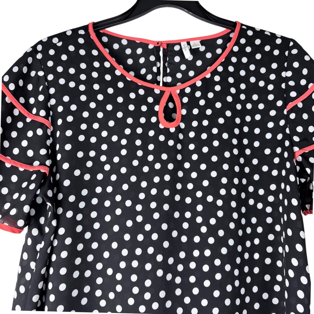 Women‎ Polka Dot Blouse Large Black Coral Keyhole Neck Top Career Tiered Sleeves